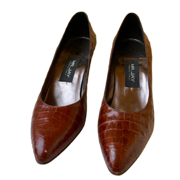 Mr. Jay Vintage 80's Italian Brown Croc Print Leather Pump Pointed Toe - Picture 11 of 16